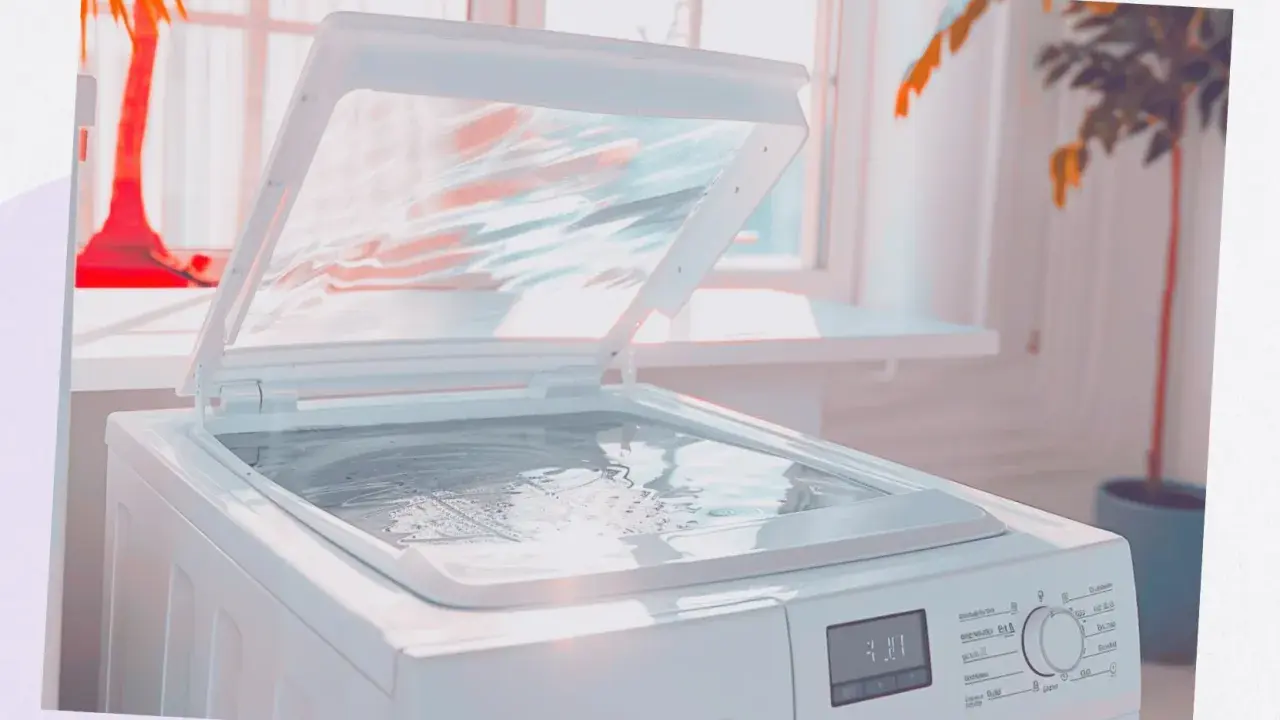 Machine à laver avec le couvercle ouvert, remplie d'eau. Un problème d'arrivée d'eau est visible.