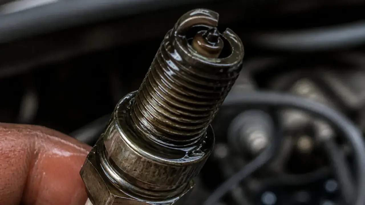 Bougie d'allumage d'un moteur 2 temps qui se noie, couverte d'huile.