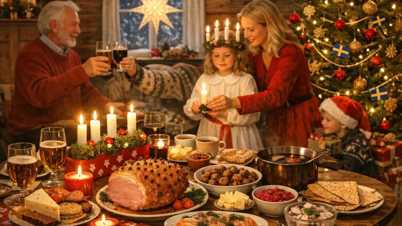 Familjen samlas kring julbordet för en mysig jul i Sverige. En stjärna lyser i fönstret, granen är klädd och ljusen tänds.