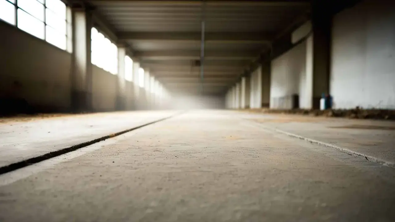 Pusta hala z betonową posadzką i rzędem okien po lewej. Długi korytarz, kurz w powietrzu. Dlaczego beton nie ma pracy?