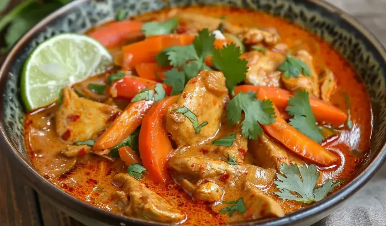 En skål med krämig, röd curry med kyckling, morötter och koriander. En limeklyfta ligger på kanten. En härlig thai mat.