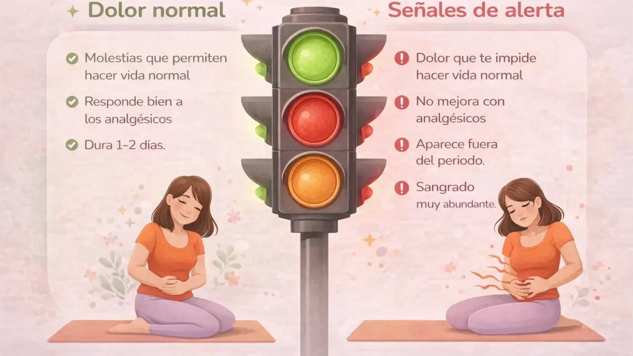 Semáforo de la dismenorrea: dolor normal (verde) vs. señales de alerta (rojo).