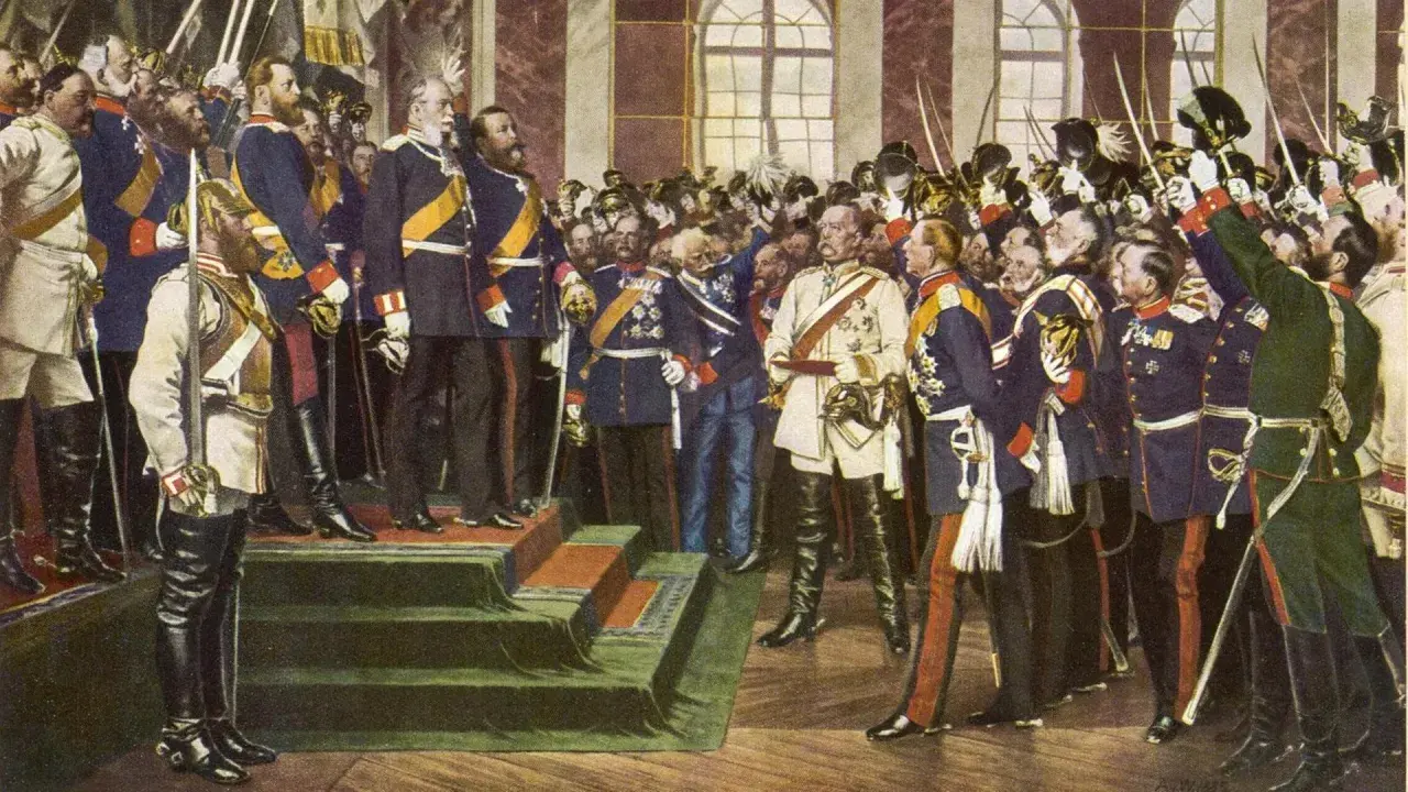 Männer in Uniformen, die die deutsche Frage im 19. Jahrhundert diskutieren. Kaiser Wilhelm I. und Bismarck im Zentrum.