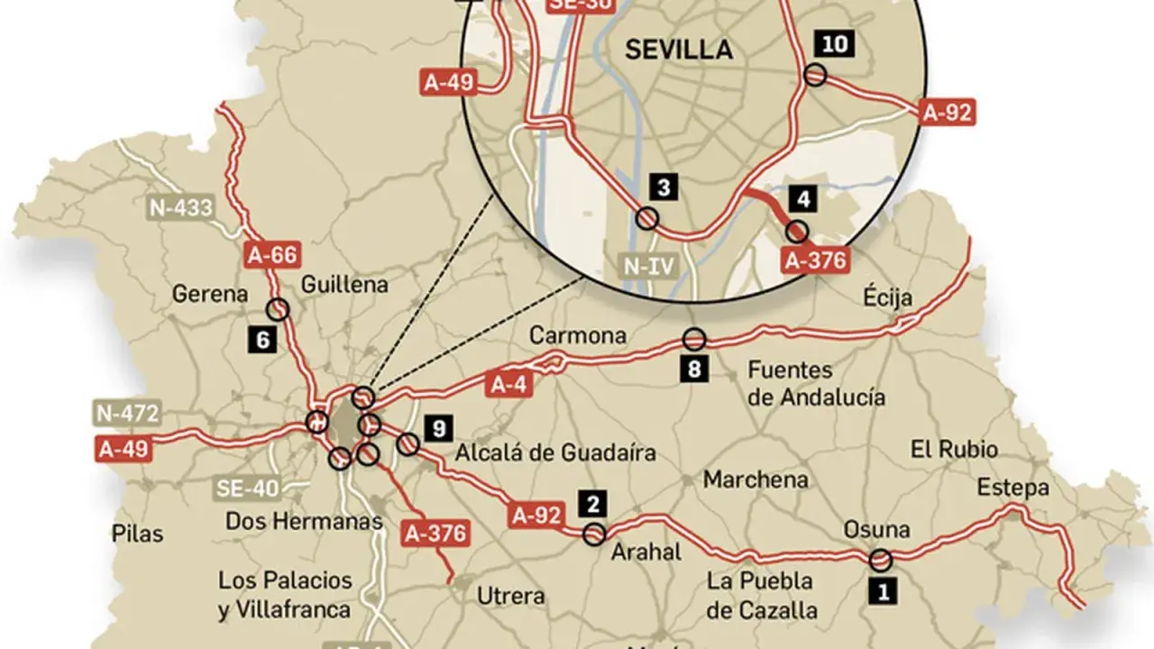 Mapa de radares en Sevilla y alrededores. Indica ubicaciones de controles de velocidad en carreteras como la A-4, A-92 y SE-40.