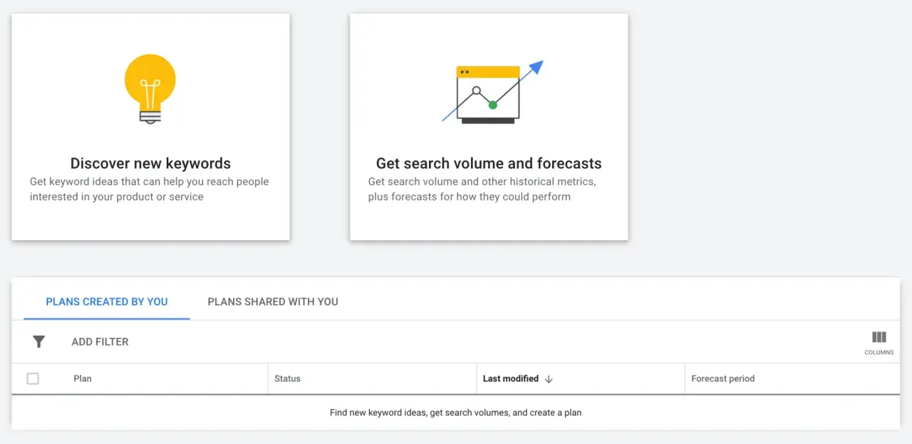 Interface du Google Keyword Planner : découvre de nouveaux mots-clés, leur volume de recherche et crée des plans.