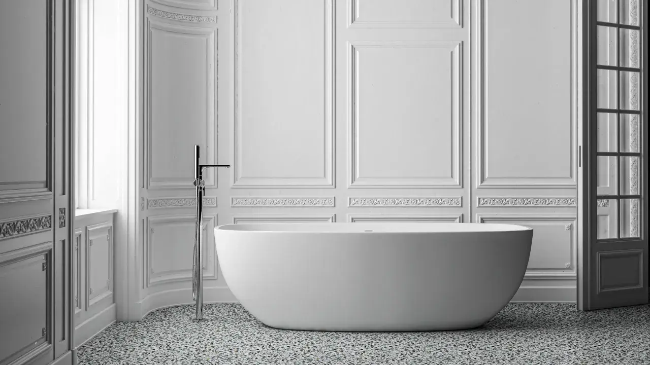 Elegancka łazienka ze sztukaterią, wolnostojącą wanną i nowoczesną armaturą.