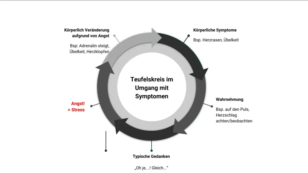 Teufelskreis: Angst führt zu körperlichen Symptomen, die wahrgenommen werden. Das verstärkt die Angst, man fühlt sich krank durch Stress.
