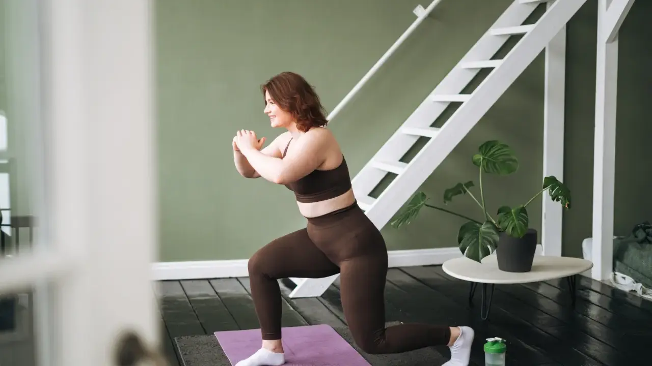 Frau macht Ausfallschritte auf einer Matte. Ihr **Crossfit zuhause**-Workout ist im vollen Gange, mit einer Leiter und einer Pflanze im Hintergrund.