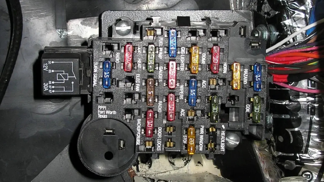 Caja de fusibles de coche con varios fusibles de colores y etiquetas. Aprende cómo quitar un fusible del coche para reparaciones.