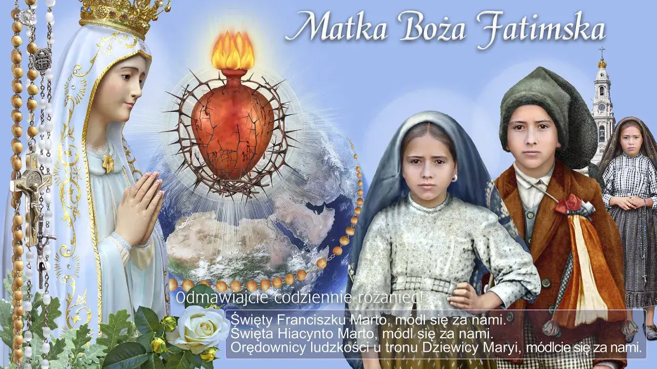 Matka Boża Fatimska w koronie, z Sercem ukoronowanym cierniem, wzywa do modlitwy. Dzieci Fatimskie i różaniec symbolizują nadzieję i modlitwę do Maryi od spraw niemożliwych.