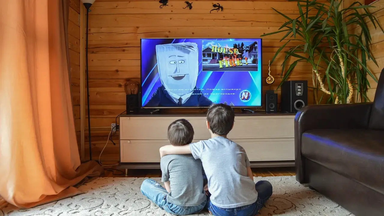 Dwóch chłopców ogląda bajkę w telewizji, która może być szkodliwa dla dzieci. Na ekranie postać z workiem na głowie i napis "HOUSE FIRE!".