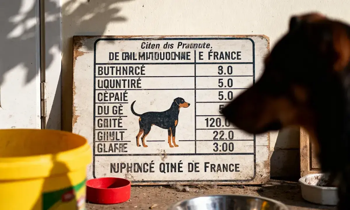 Un chien observe un tableau indiquant les quantités pour une alimentation maison pour un chien en insuffisance rénale.