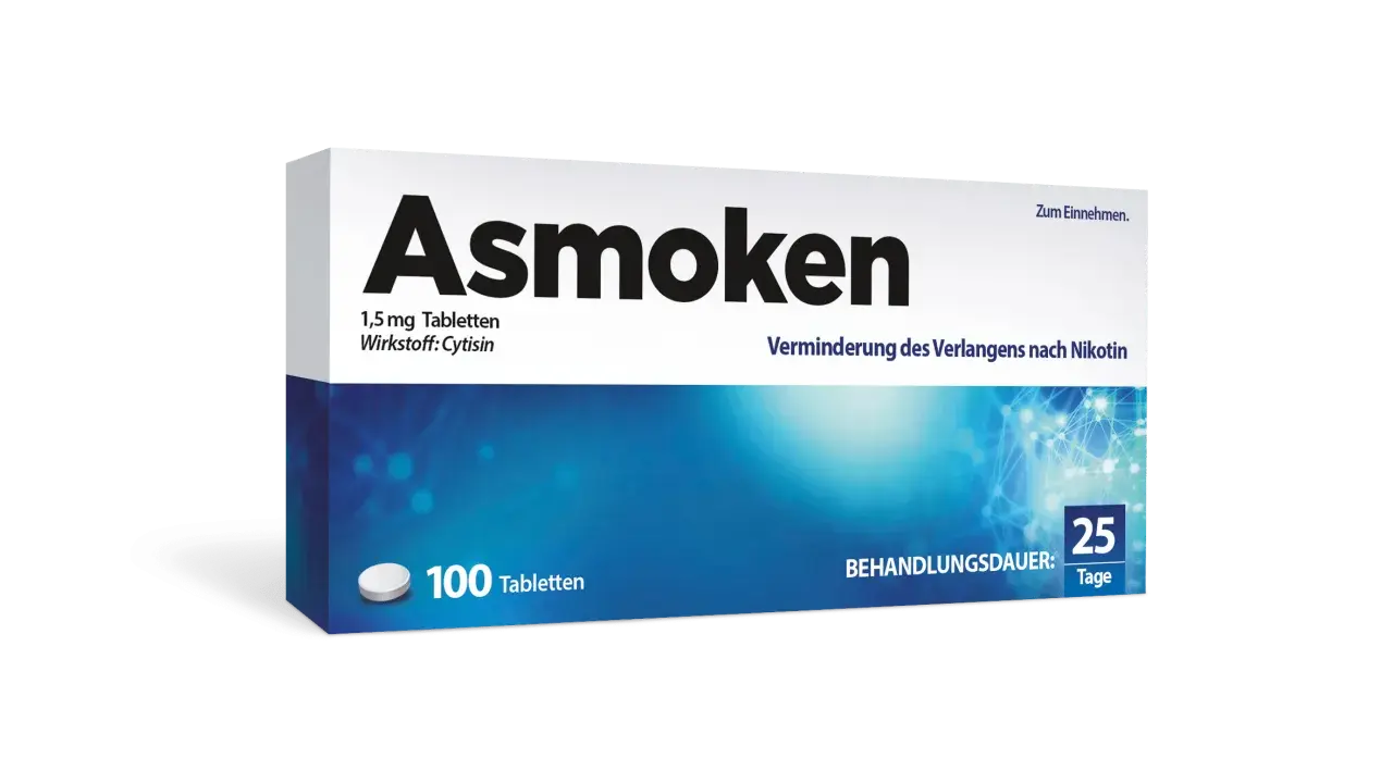 Asmoken-Packung mit 100 Tabletten zur Raucherentwöhnung. Viele positive Tabex Erfahrungen zeigen, dass Cytisin hilft, das Verlangen nach Nikotin zu mindern.