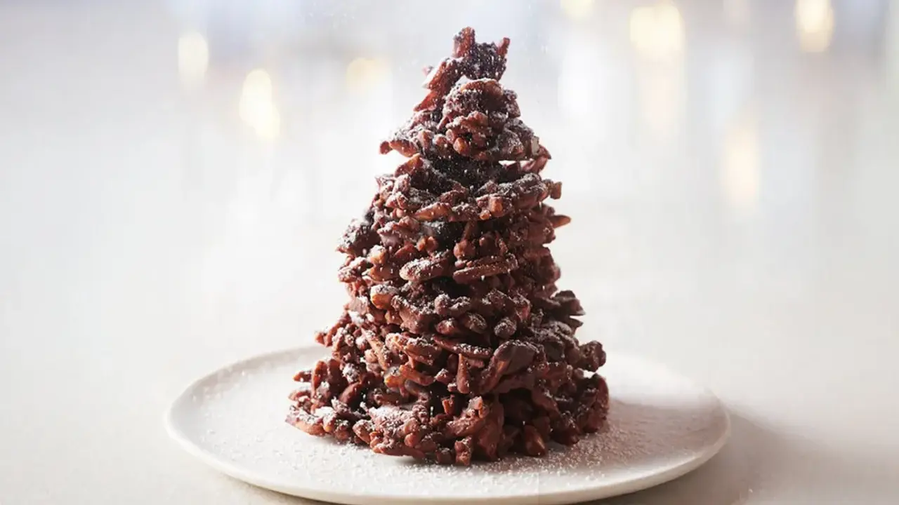 Un sapin chocolat mikado, saupoudré de sucre glace, sur une assiette blanche. Un délice festif !