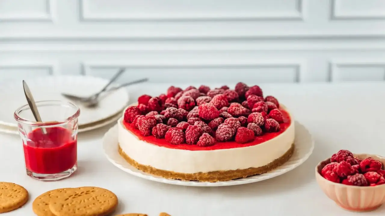Un délicieux cheesecake framboise, garni de fruits rouges givrés, prêt à être dégusté avec un coulis et des biscuits.