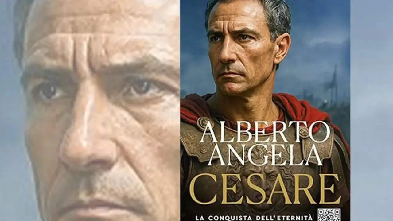 Copertina del libro "Cesare. La conquista dell'eternità" di Alberto Angela, con un primo piano dell'autore e un'immagine di Cesare in armatura.