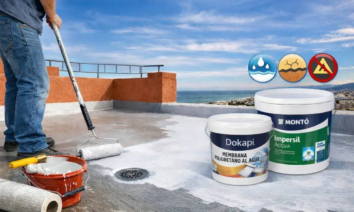 Aplicación de membrana para impermeabilización de terrazas. Rodillo y cubos de pintura listos para proteger tu hogar del agua.
