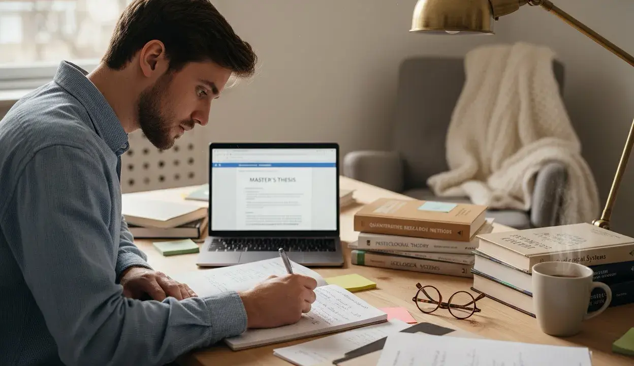 Mężczyzna pisze pracę magisterską na laptopie, notując w zeszycie. Tak wygląda rozprawa zdalna.