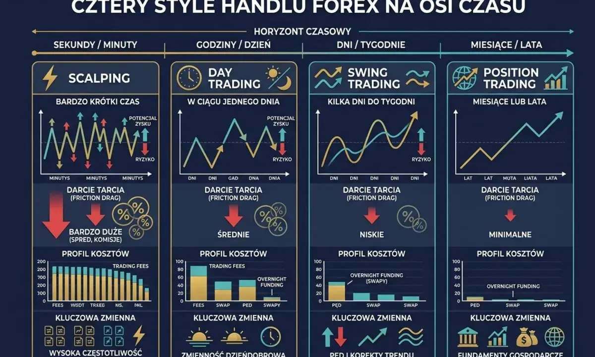 Cztery style handlu Forex: Scalping, Day Trading, Swing Trading, Position Trading. Wykresy pokazują sygnały giełdowe, ryzyko, koszty i kluczowe zmienne.