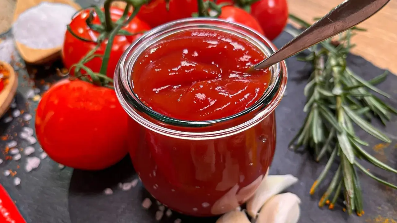 Ein Glas hausgemachtes Ketchup, das Zutaten für das beste Ketchup Rezept: Tomaten, Knoblauch, Rosmarin, Salz und Gewürze.