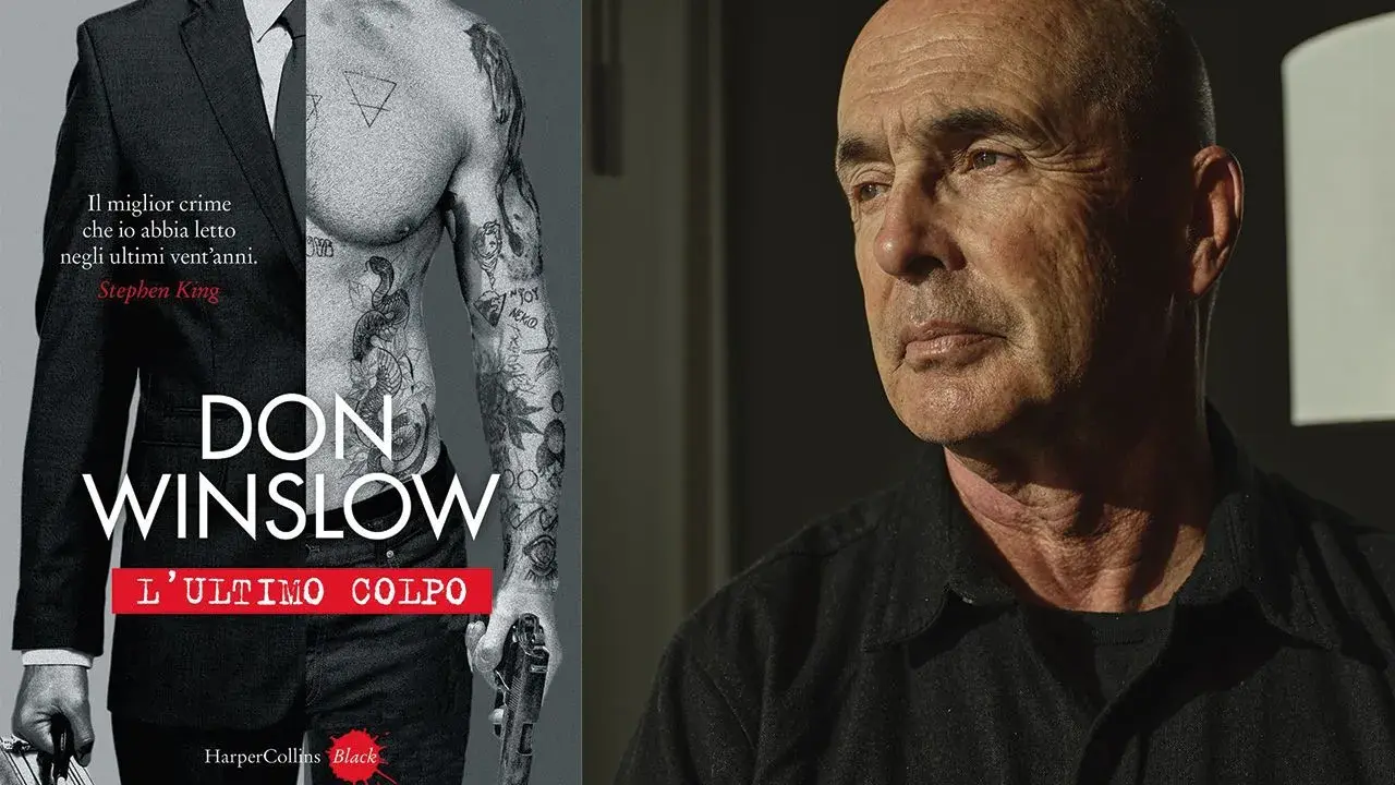 Copertina di "L'ultimo colpo", l'ultimo libro di Don Winslow, con un uomo tatuato in giacca e cravatta e il ritratto dell'autore.