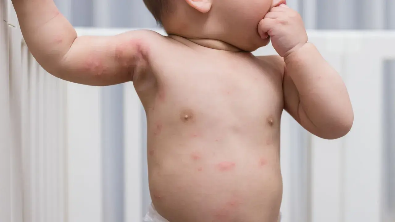 Un bébé a des rougeurs et des petits boutons sur le corps, notamment sur le torse et les bras.