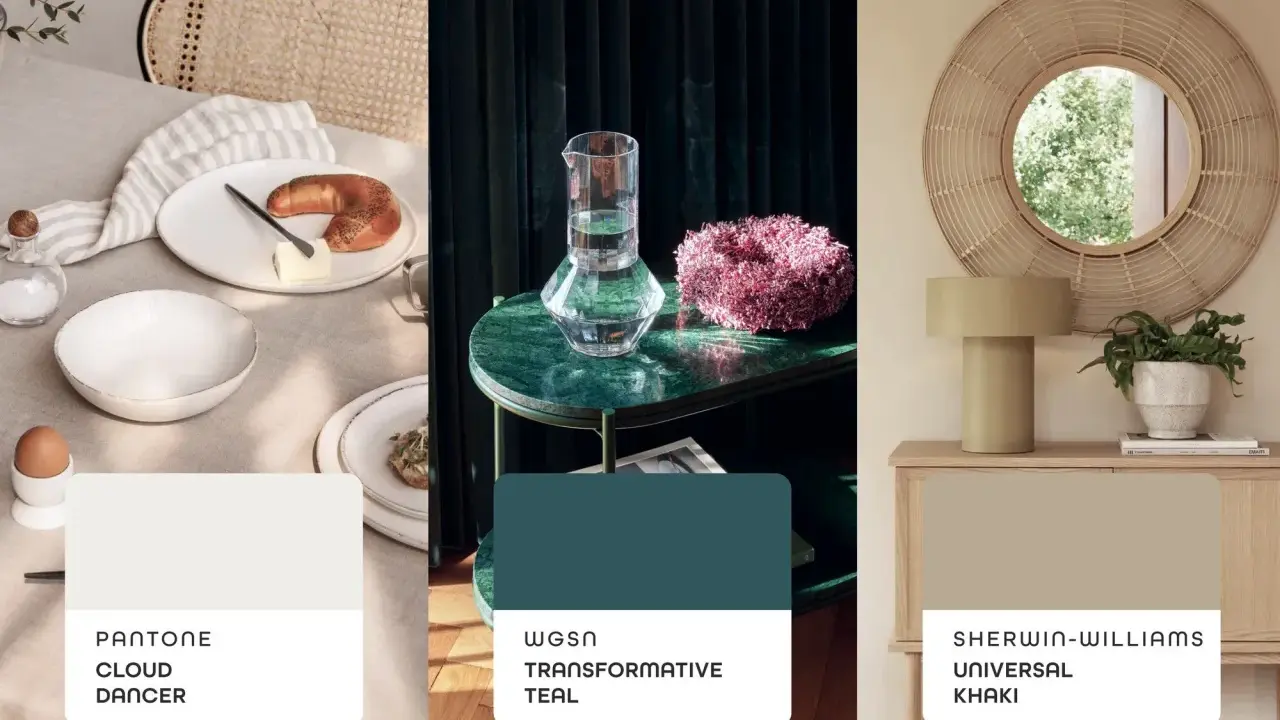 Tendenze arredamento: tavola apparecchiata, tavolino in marmo verde e specchio in rattan. Colori: Cloud Dancer, Transformative Teal, Universal Khaki.