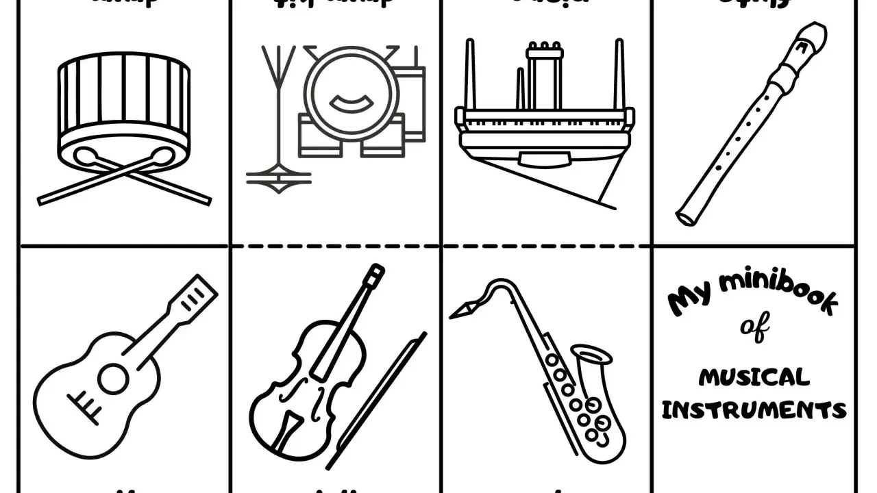 Kolorowanki instrumentów muzycznych: bęben, zestaw perkusyjny, pianino, flet, gitara, skrzypce, saksofon.
