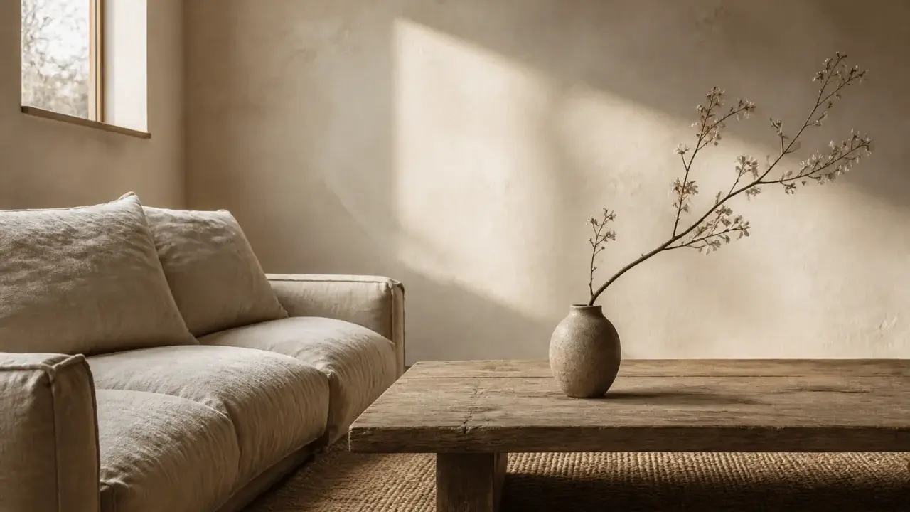 Un salon apaisant dans un style wabi sabi, avec un canapé en lin, une table basse en bois brut et une branche délicate dans un vase texturé.