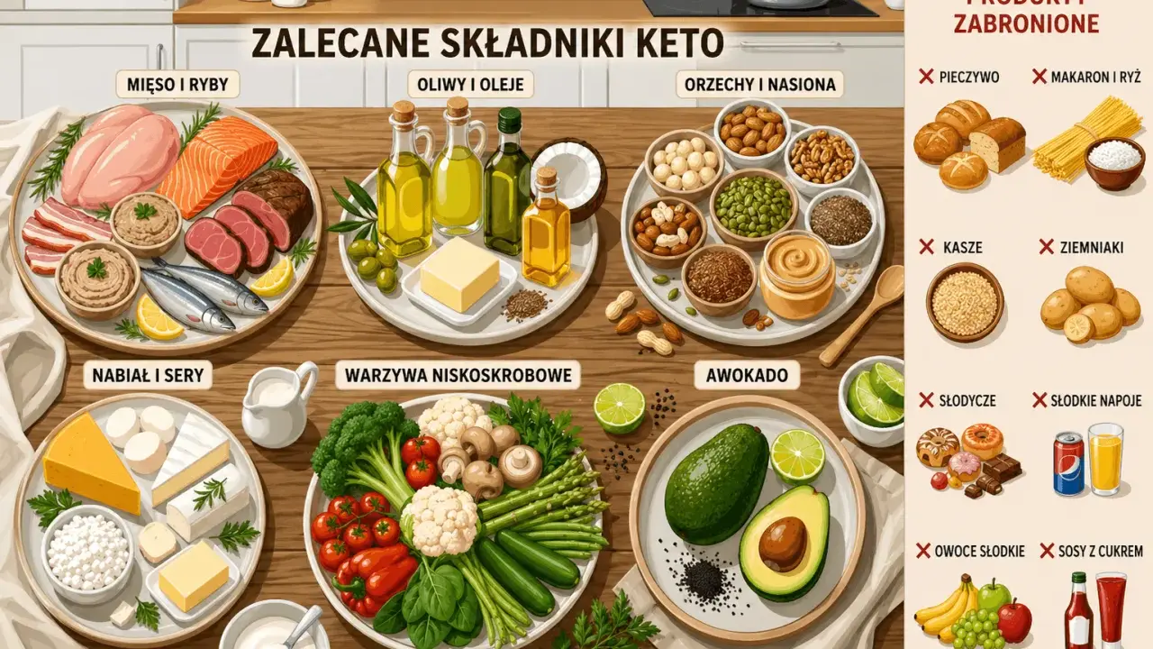Ilustracja przedstawia stoły z produktami dozwolonymi i zakazanymi w diecie keto: mięso, ryby, nabiał, warzywa, awokado, orzechy, oliwy oraz zakazane pieczywo, makaron, ziemniaki, słodycze i owoce.