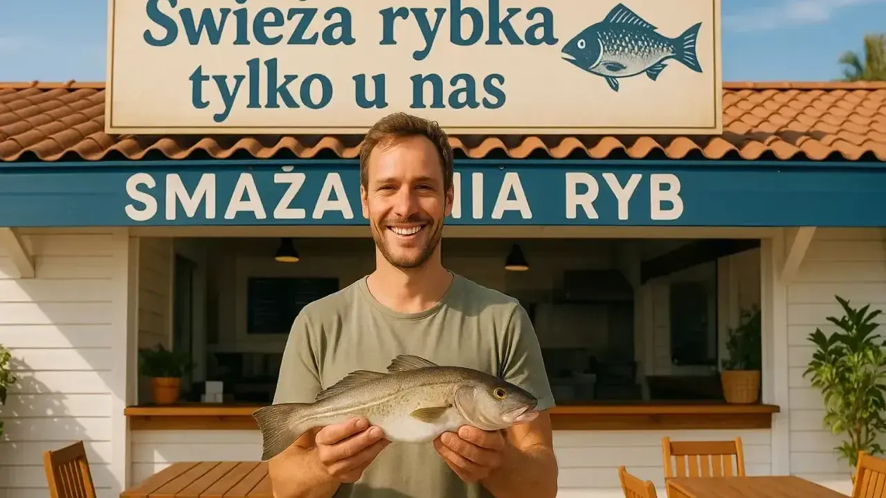 Uśmiechnięty mężczyzna trzyma świeżą rybę przed smażalnią. To idealny sezon na ryby bałtyckie!