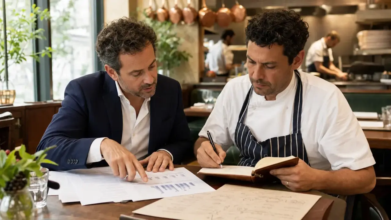 Un asesor de restaurantes revisa gráficos con un chef. Ambos están sentados en una mesa de madera, con el chef tomando notas en un cuaderno.