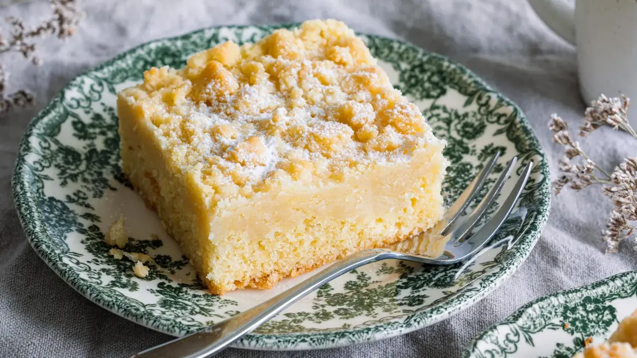 Ein Stück Streuselkuchen ohne Hefe, bestäubt mit Puderzucker, auf einem Teller mit grünem Muster.