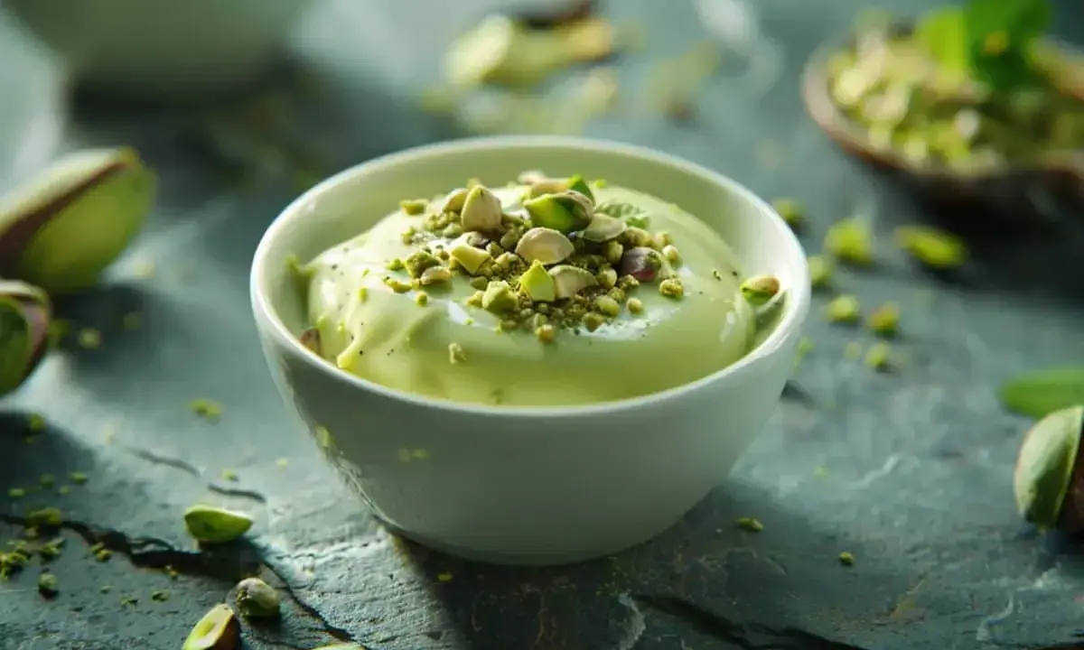 Crème anglaise pistache onctueuse, garnie de pistaches concassées et de quelques pistaches entières. Un délice vert et gourmand.