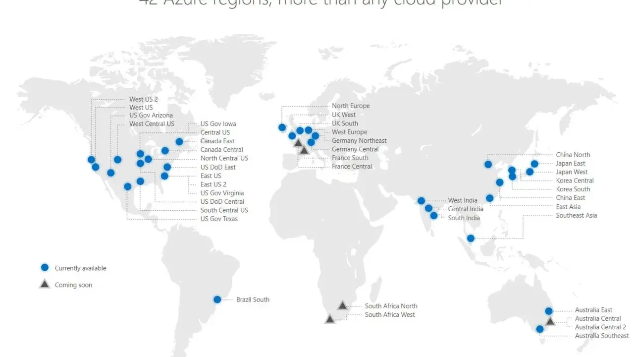 Carte mondiale des 42 régions Azure de Microsoft, incluant des data centers en Amérique du Nord, Europe, Asie et Australie.