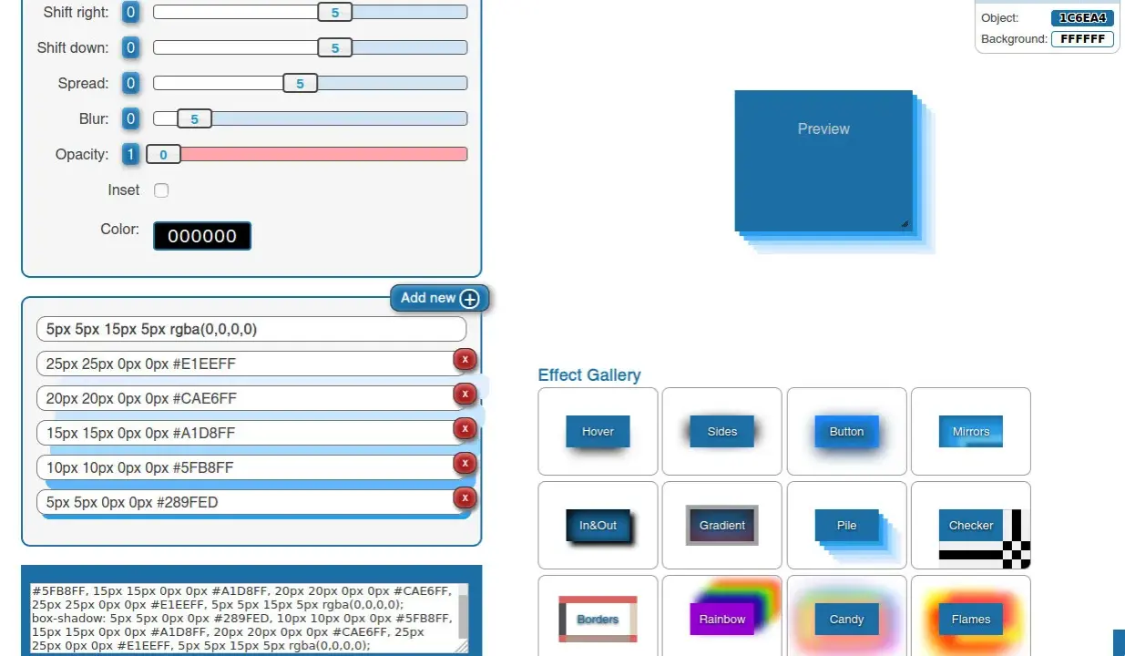 Generator CSS dla cienia. Ustawienia przesunięcia, rozmycia i koloru tworzą efekt cienia.