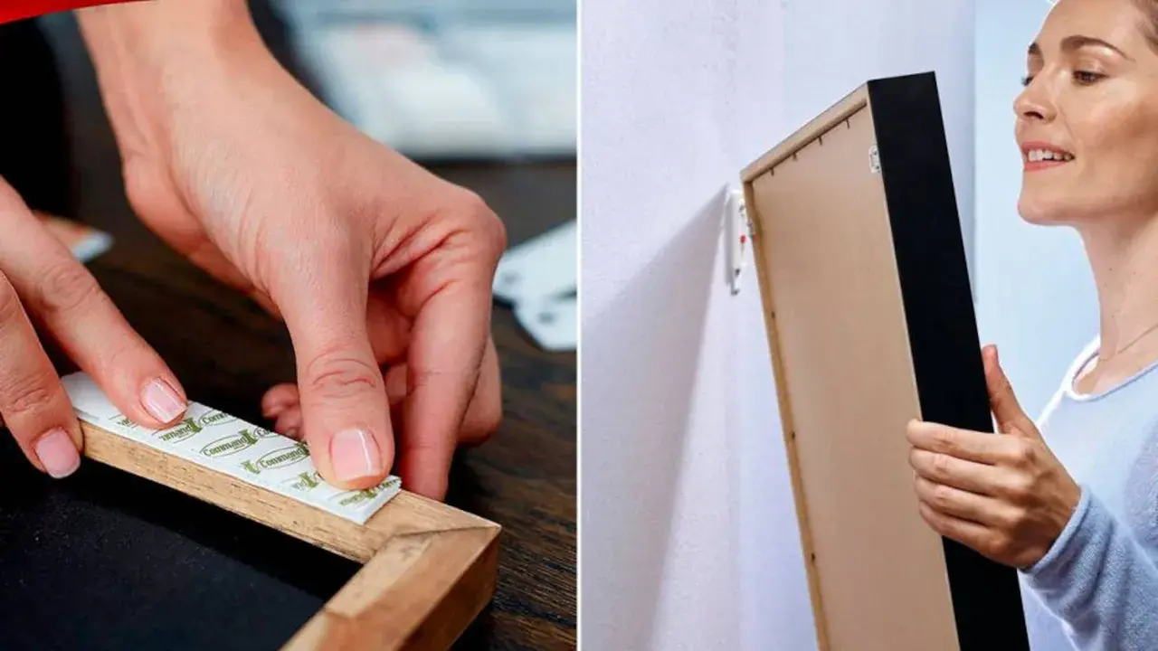 Manos aplican adhesivo a un marco de madera. Mujer alinea marco a pared. Guía visual de como colgar un cuadro sin clavos.