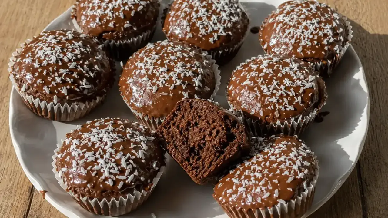 Chokladmuffins med glasyr och kokosflingor. Ett enkelt recept på glasyr som passar perfekt till dessa godsaker.