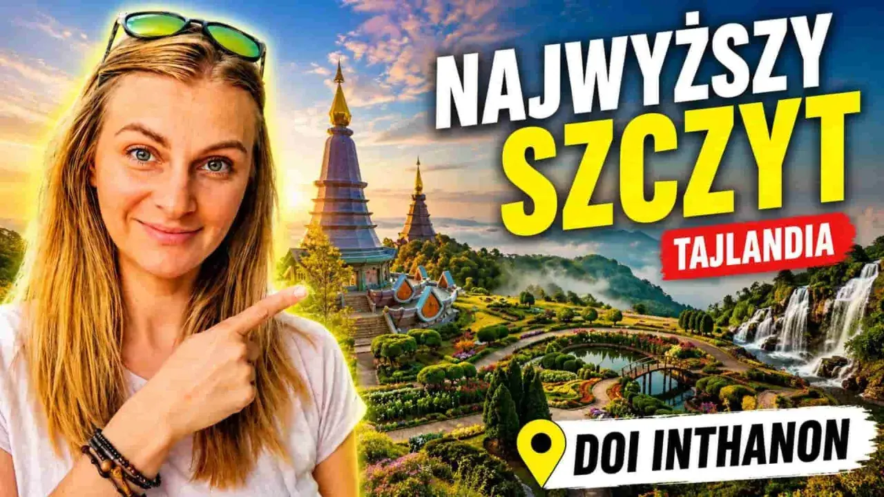 Uśmiechnięta kobieta wskazuje na Doi Inthanon, najwyższy szczyt Tajlandii, z pięknymi ogrodami i wodospadami w Chiang Mai.