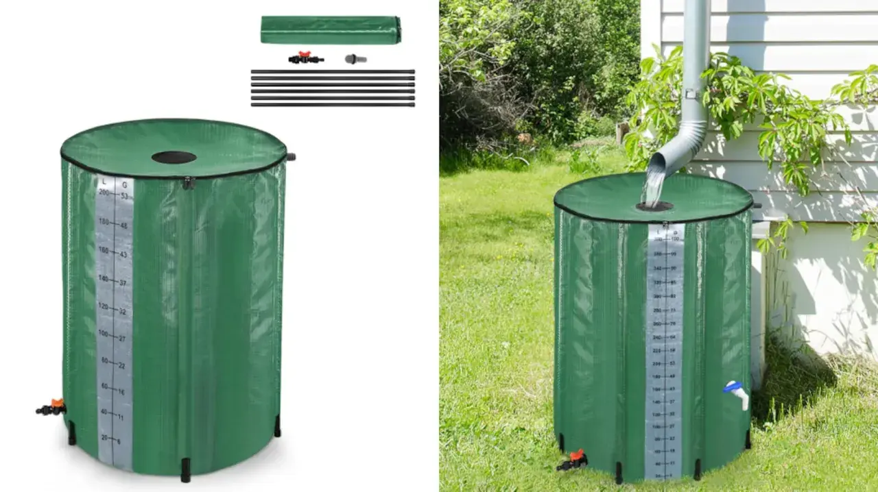 Barril verde para recoger agua de lluvia, con medidor de nivel y grifo. Ideal para el jardín.