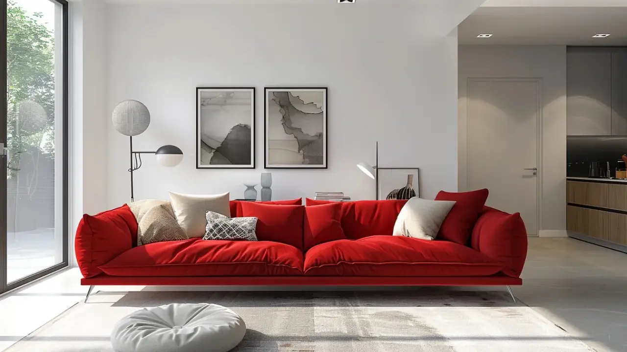 Un canapé rouge éclatant, orné de coussins aux tons neutres, invite à la détente. Une question se pose : quelle couleur associer avec un canapé rouge pour un intérieur harmonieux ?