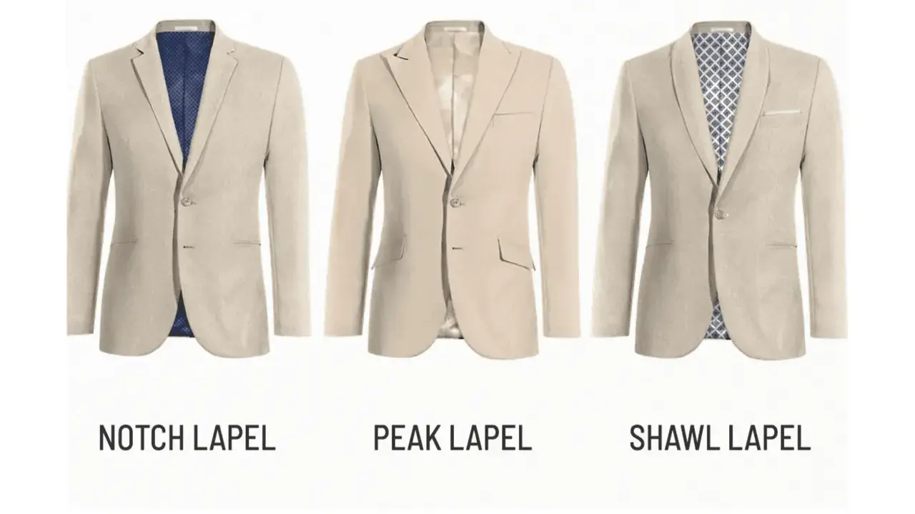 Three beige suit jackets showcase different suit lapel types: notch, peak, and shawl.