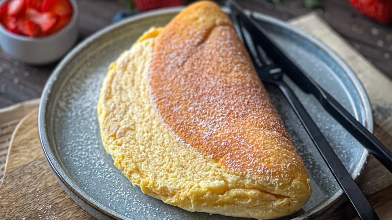 Puszysty omlet, idealny na śniadanie. Ten puszysty omlet, posypany cukrem pudrem, wygląda jak marzenie. Przepis na niego jest prosty!