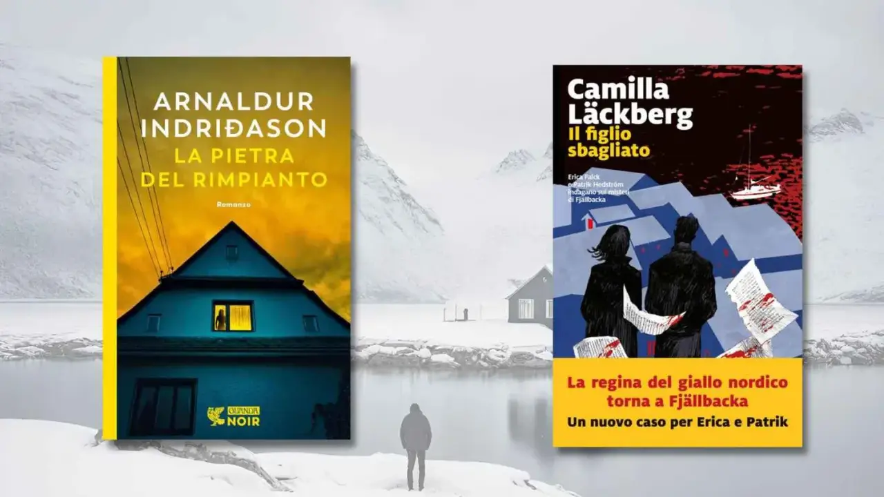 Copertine di "La pietra del rimpianto" di Arnaldur Indriðason e "Il figlio sbagliato" di Camilla Läckberg, due tra i migliori libri scandinavi, su uno sfondo innevato.