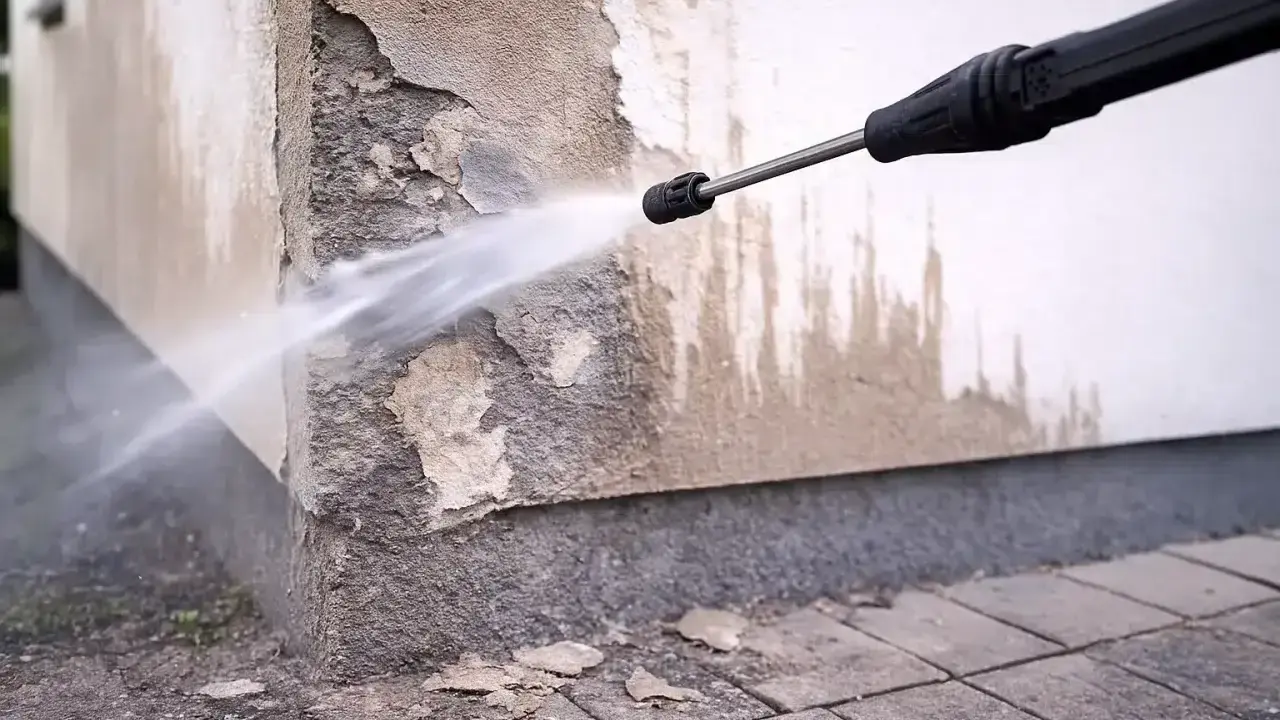 Hochdruckreiniger sprüht Wasser auf eine beschädigte Hauswand, um die Fassade zu reinigen.