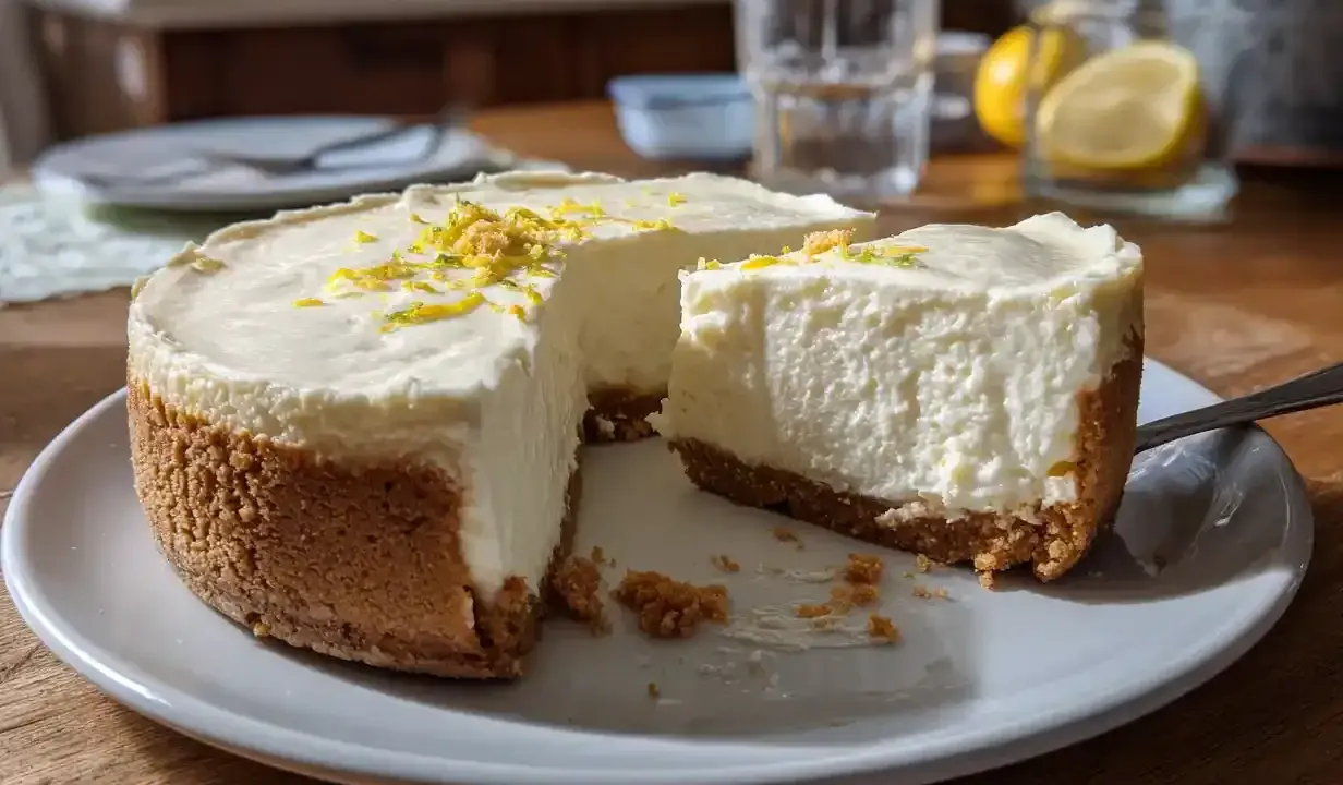 En krämig, fryst cheesecake med citronskal på toppen står på ett fat. En bit är bortskuren.
