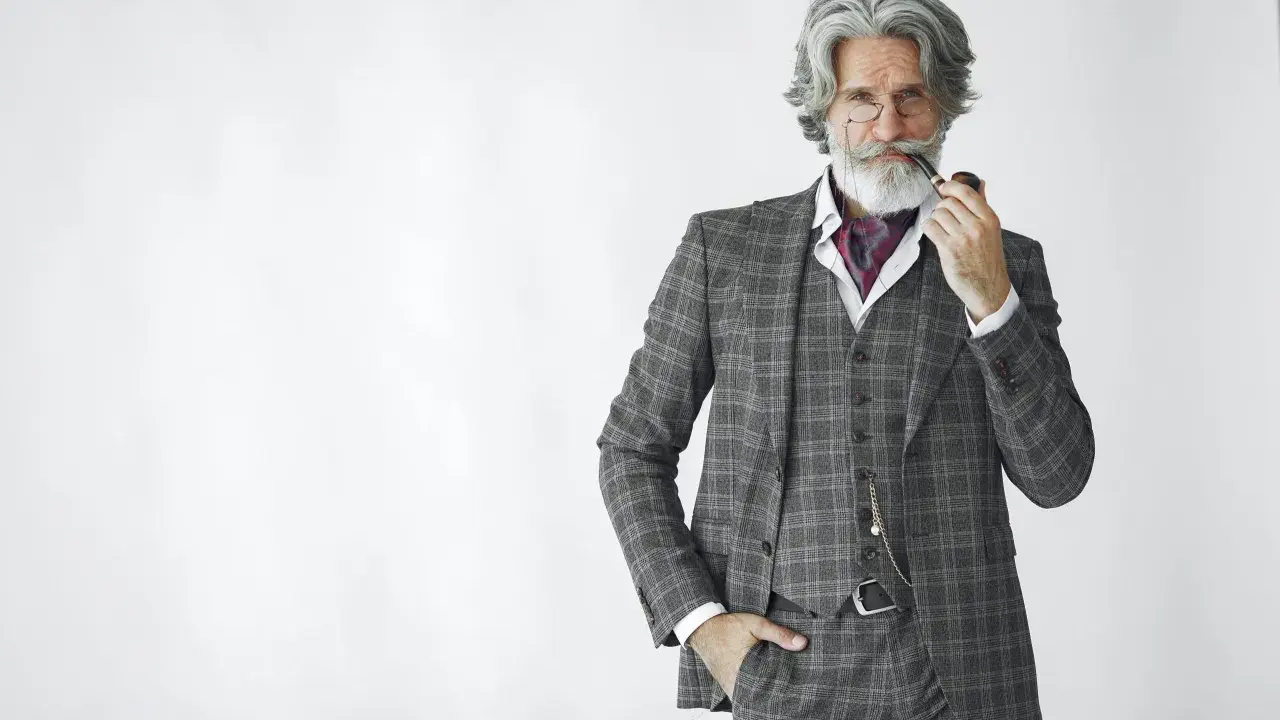 Distinguished gentleman in a plaid suit, vest, and ascot, holding a pipe. The perfect father of the groom attire.