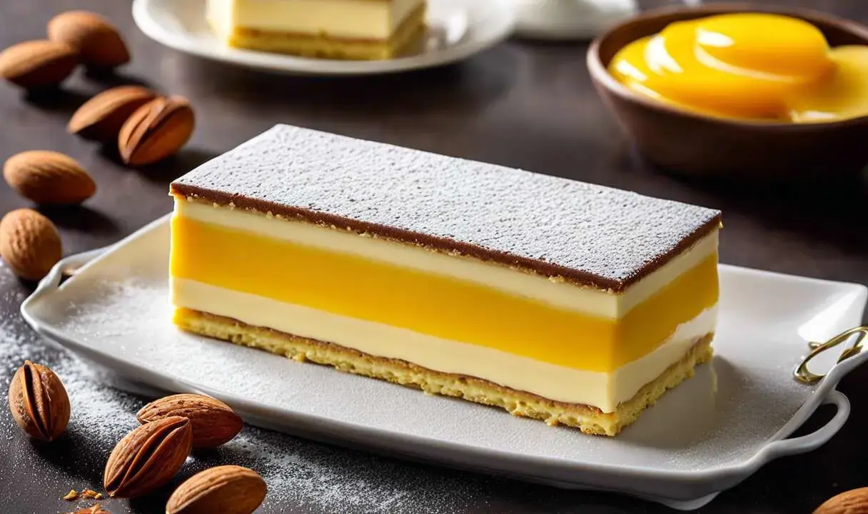 Un délicieux biscuit joconde pistache, aux couches crémeuses et fruitées, saupoudré de sucre glace.
