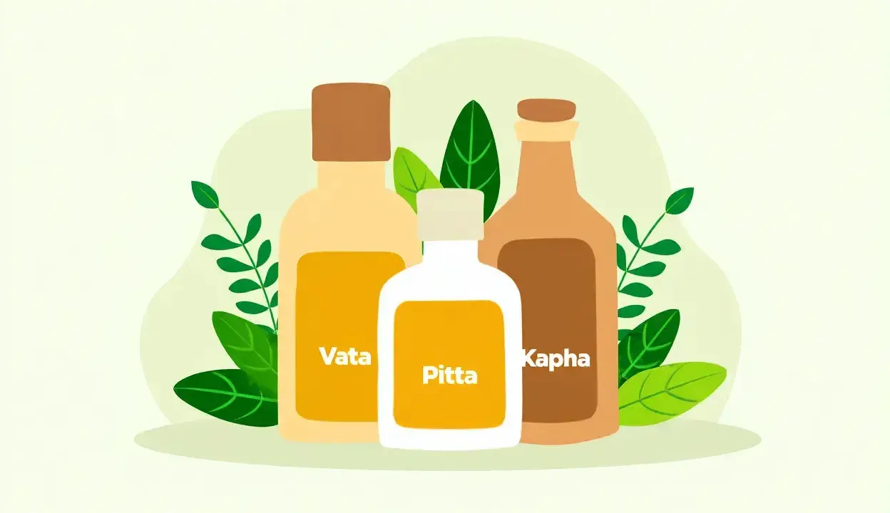 Trois bouteilles étiquetées Vata, Pitta et Kapha, entourées de feuilles vertes, symbolisant une infusion ayurvédique.