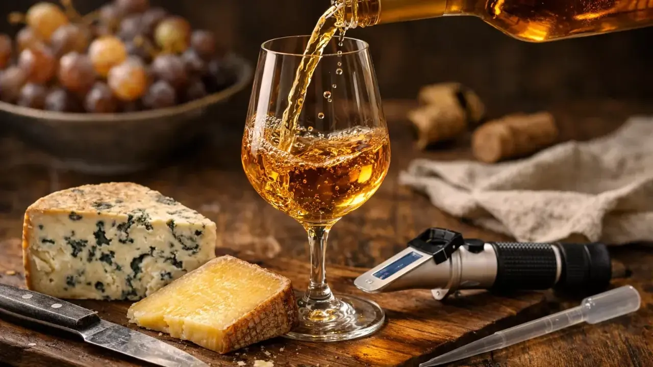 Verre de vin blanc sucré versé, accompagné de fromages bleus et affinés, de raisins et d'un réfractomètre.